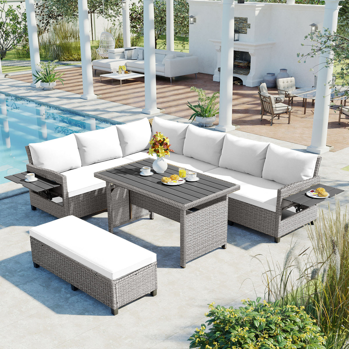 Gray Wicker 5-Piece Patio Sectional Sofa Set for 7 with Cushions