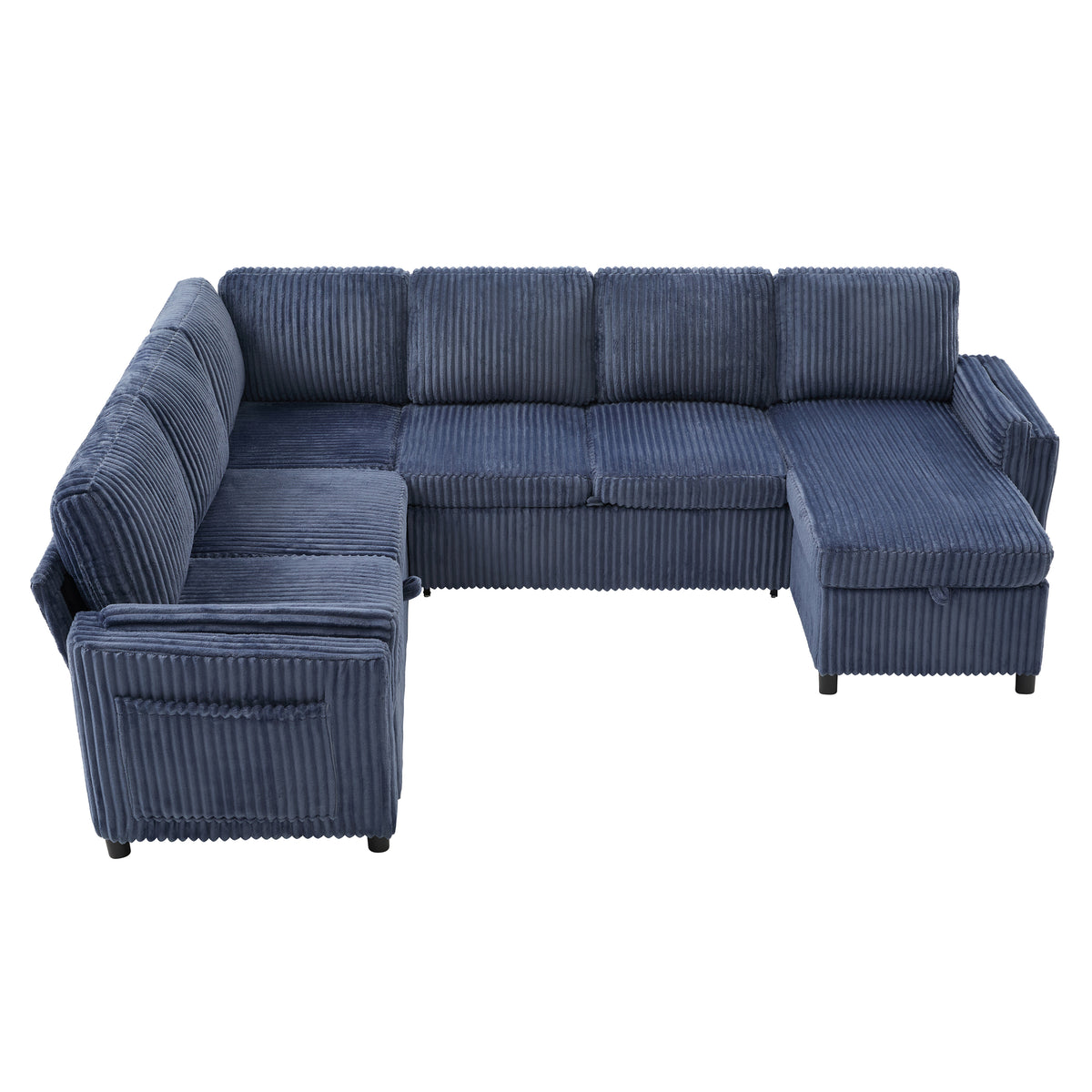 Blue Corduroy U-Shaped Sleeper Sectional with Chaise, 111 in Wide