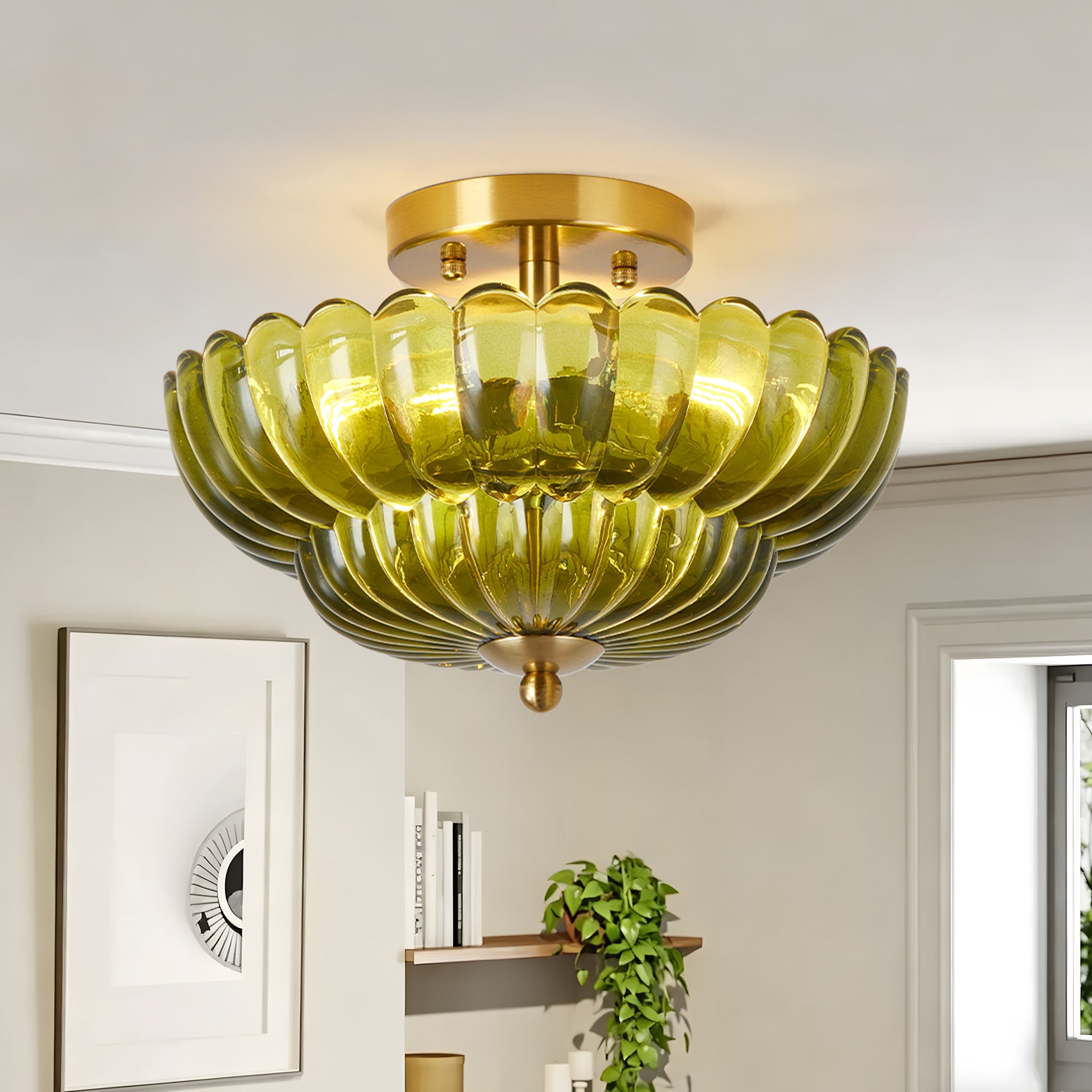 Semi-Flush Mount Light, 3-Light Flower Glass Shade, Green