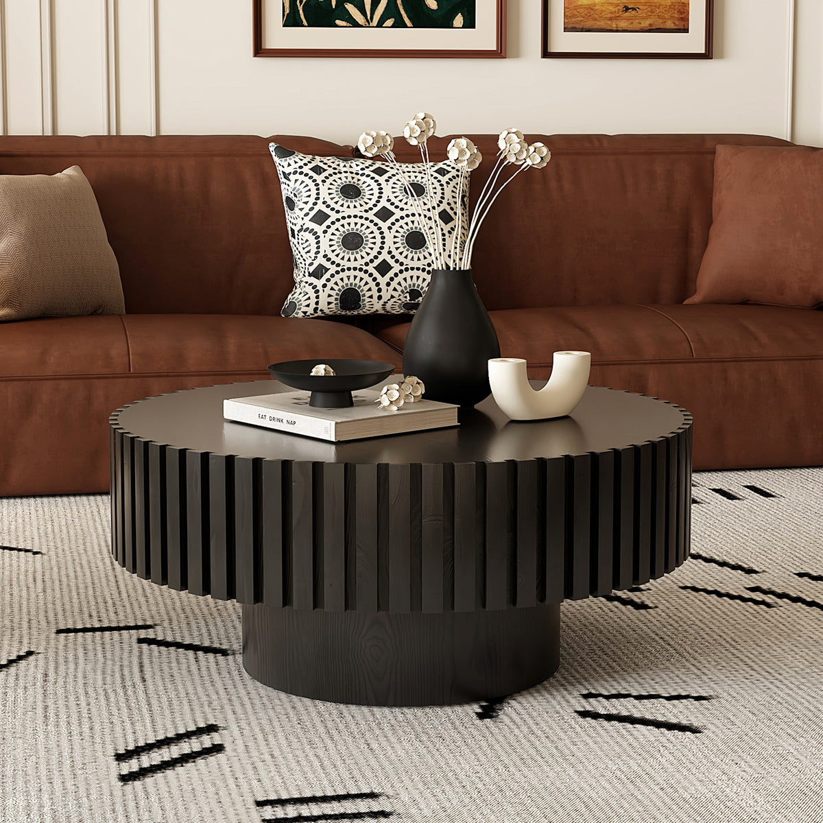 Black Fluted Round Pedestal Coffee Table, 31.5 in