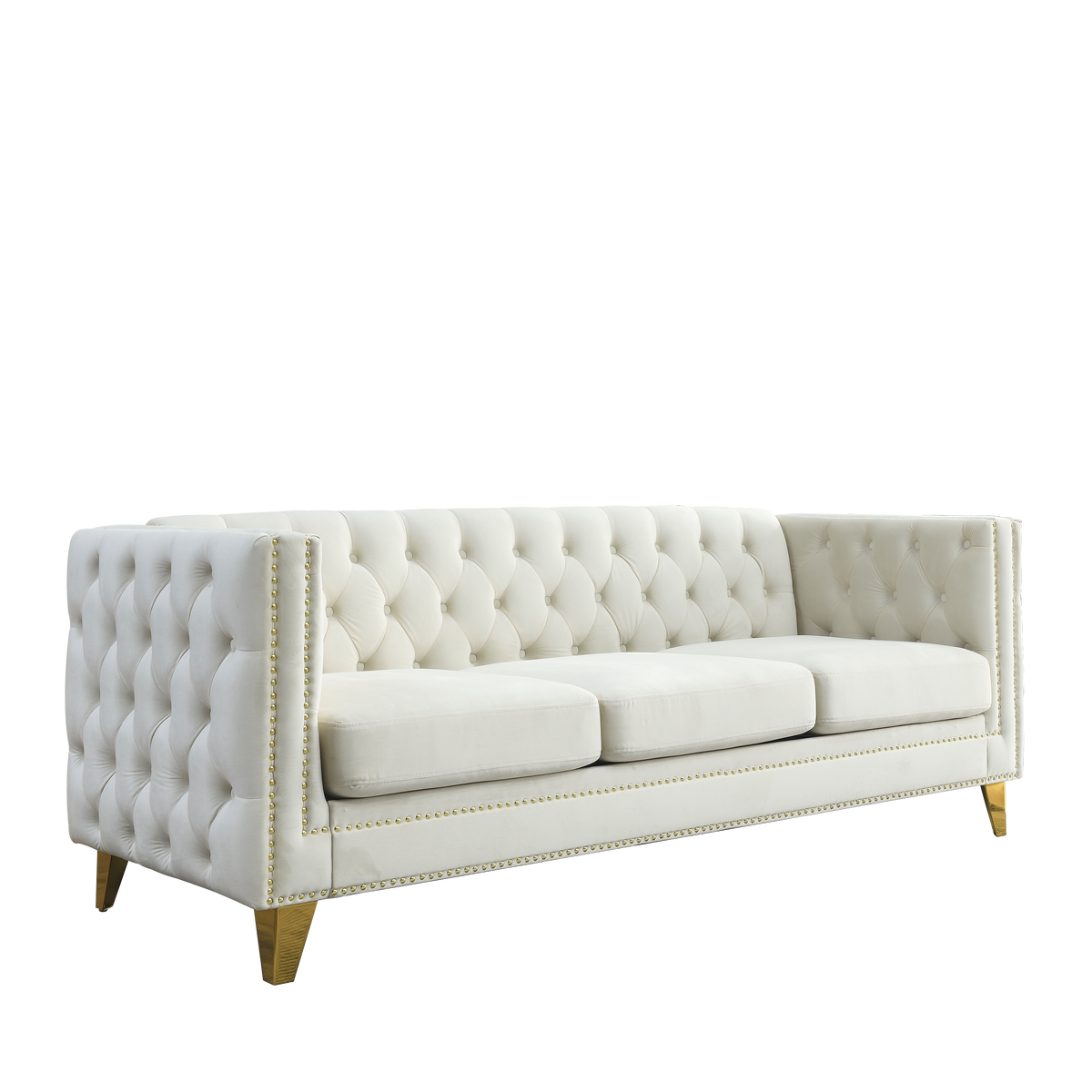 Beige Tufted Velvet 3-Seat Couch, 67 in Wide