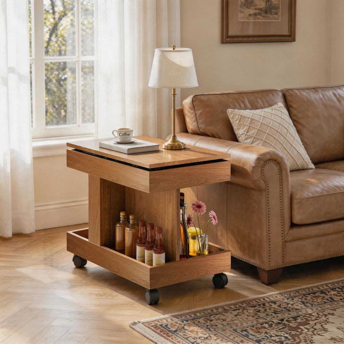 Natural Swivel Lift-Top Side Table with Storage and Casters, 26.8 in