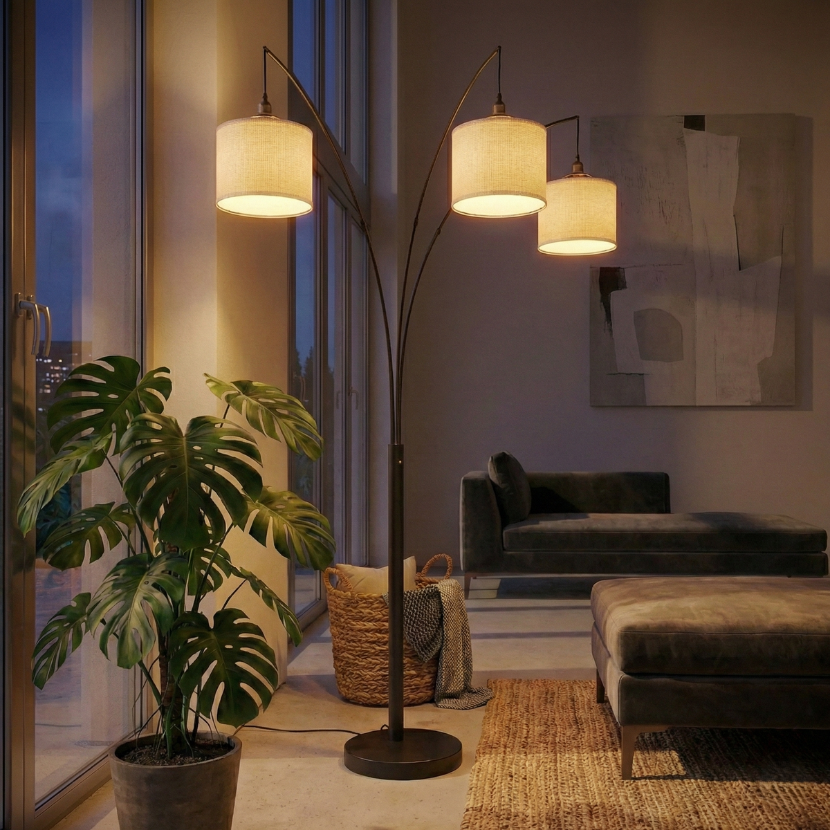 Oil-rubbed Bronze Arc Floor Lamp, 82 in, Linen and Metal with Fabric - Terylene Shade