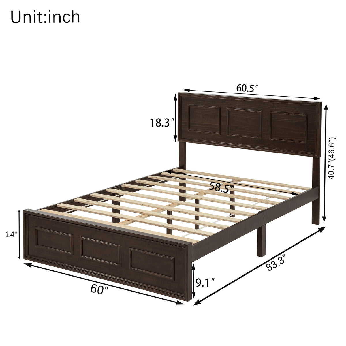 Dimension diagram of the rich brown queen bed with slats and 40.7 to 46.6 inch headboard