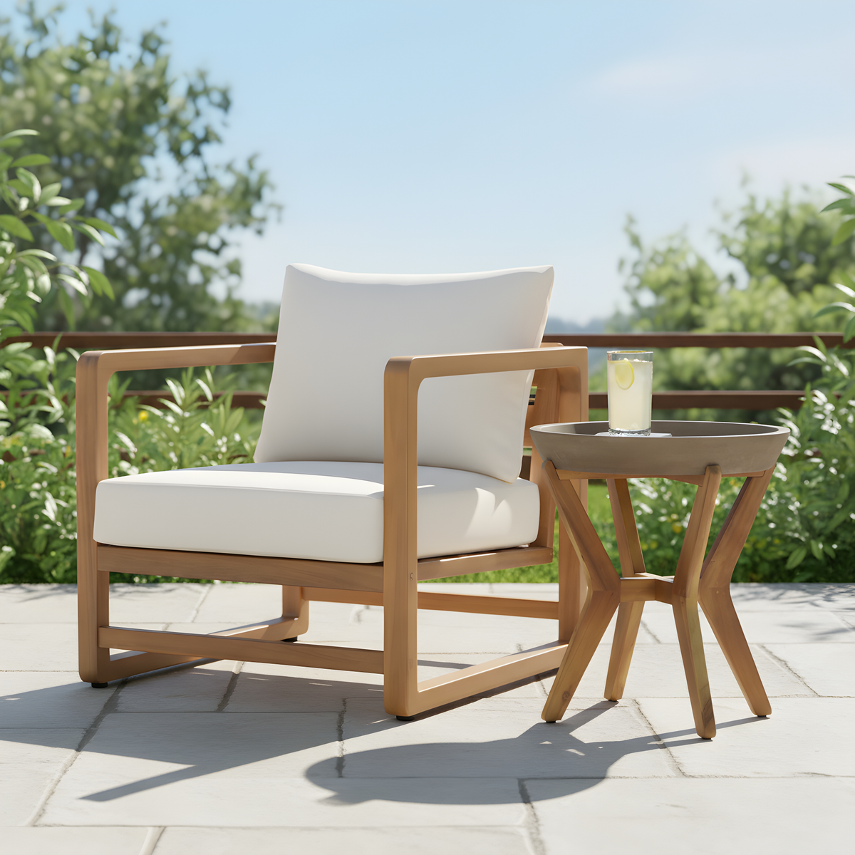 Solid Wood Outdoor Lounge Chair and Side Table Set, White Cushion