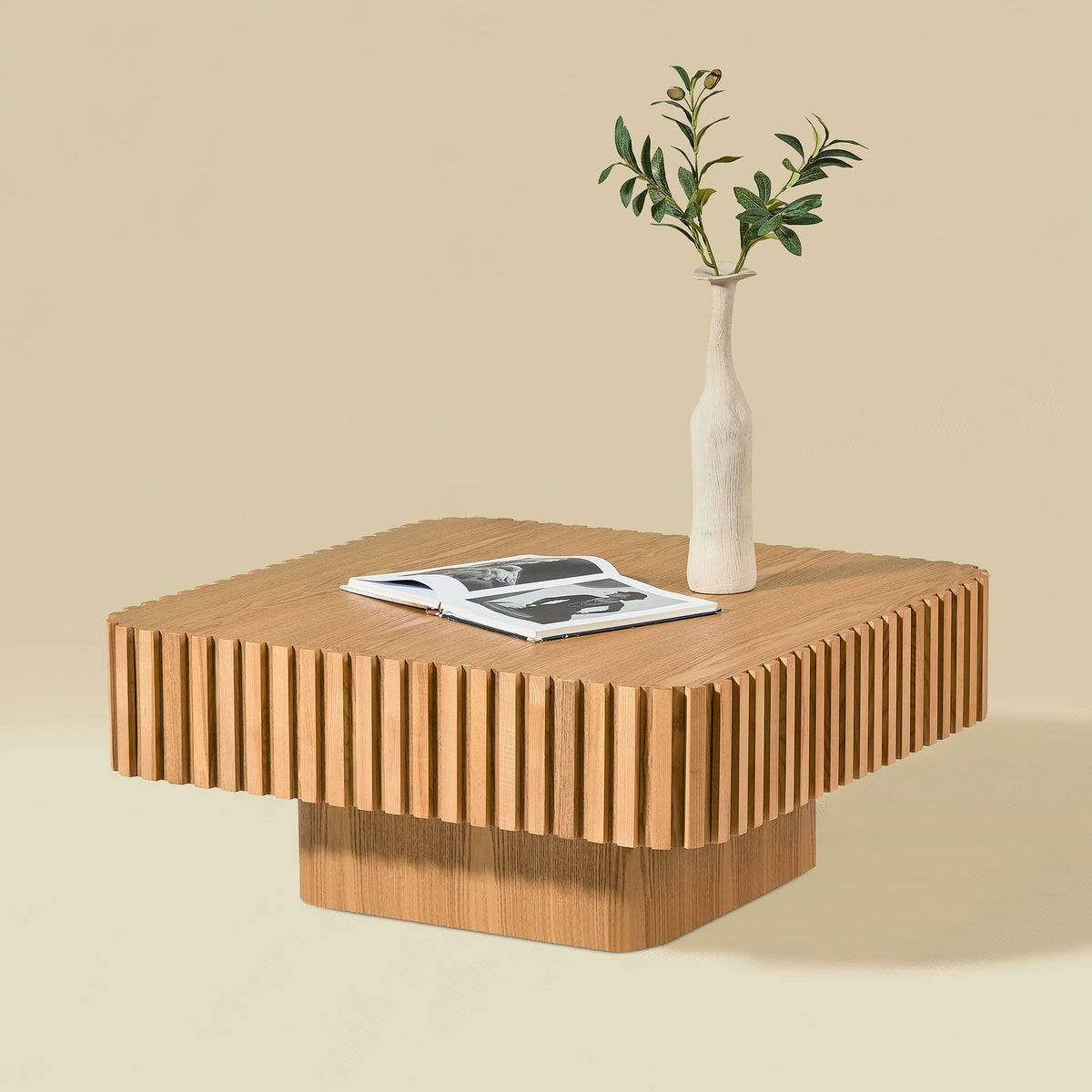 Oak Fluted Square Pedestal Coffee Table, 35.4 in