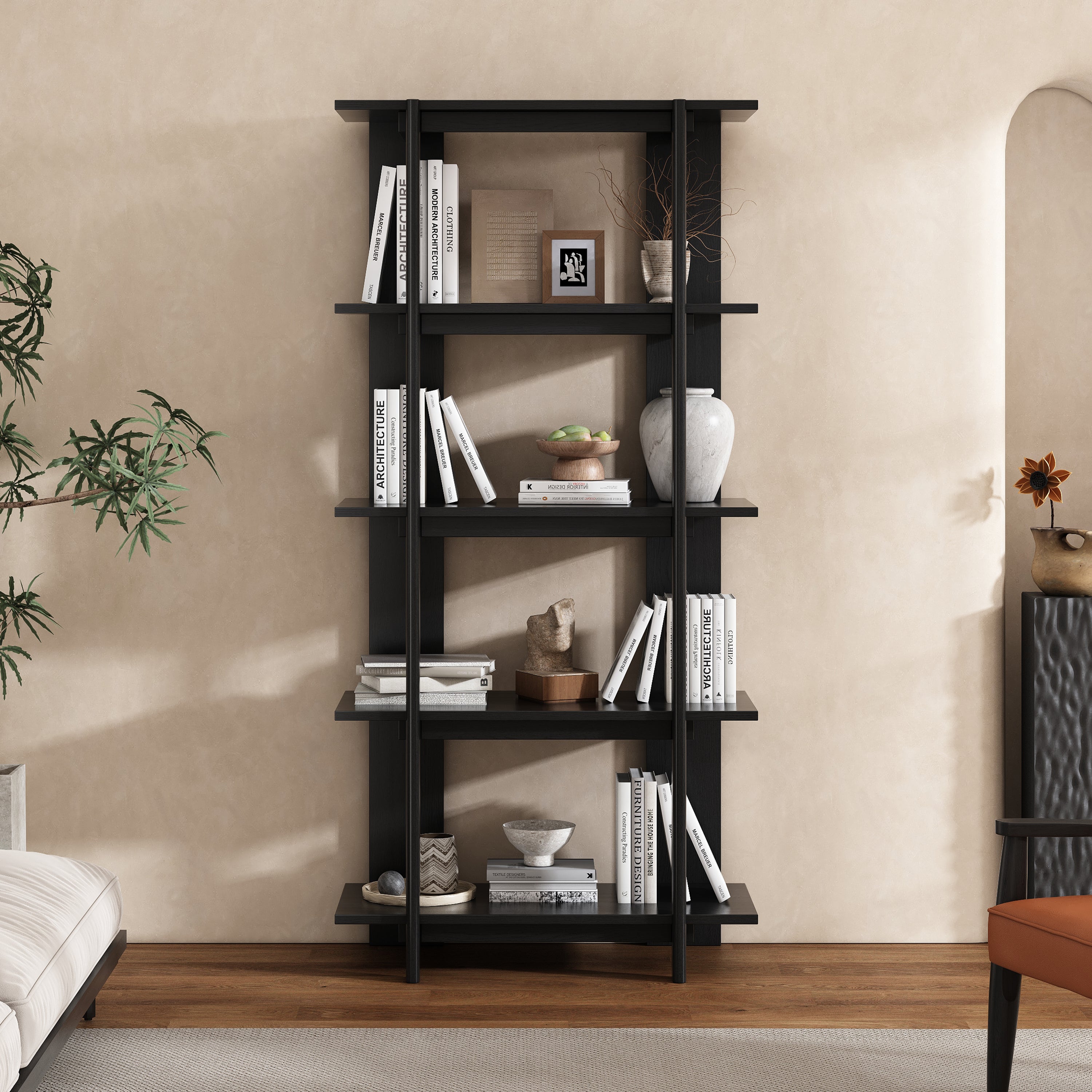 Mid-Century Solid Wood Bookcase, 4 Shelves, 70.2 in Tall, Ebonized