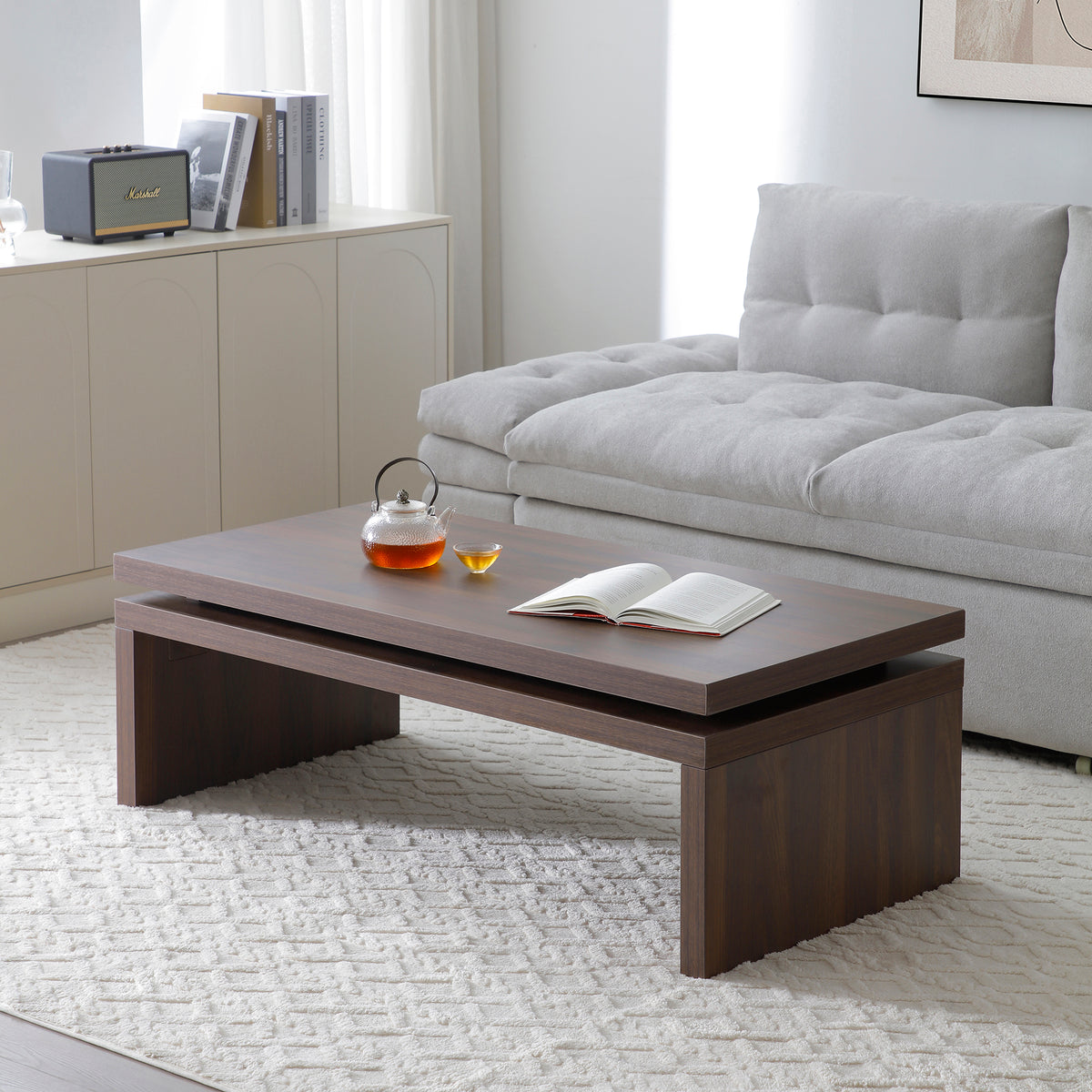 Walnut Minimalist Floating-Top Rectangular Coffee Table, 47.2 in