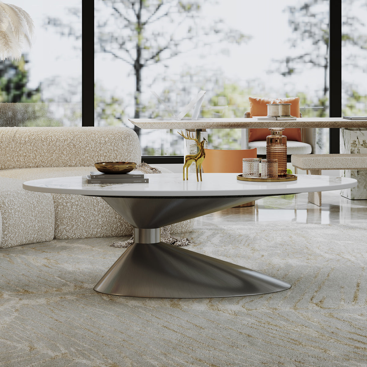 White and Gray Sintered Stone Oval Pedestal Coffee Table, 49.2 in