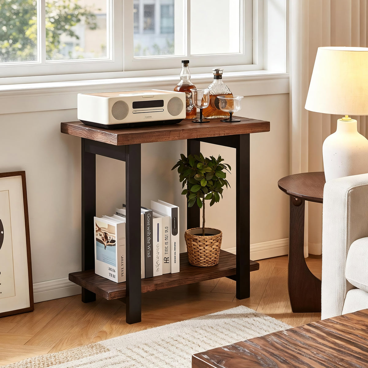 Walnut and Black Solid Wood Farmhouse Two-Tier Side Table, 27.2 in