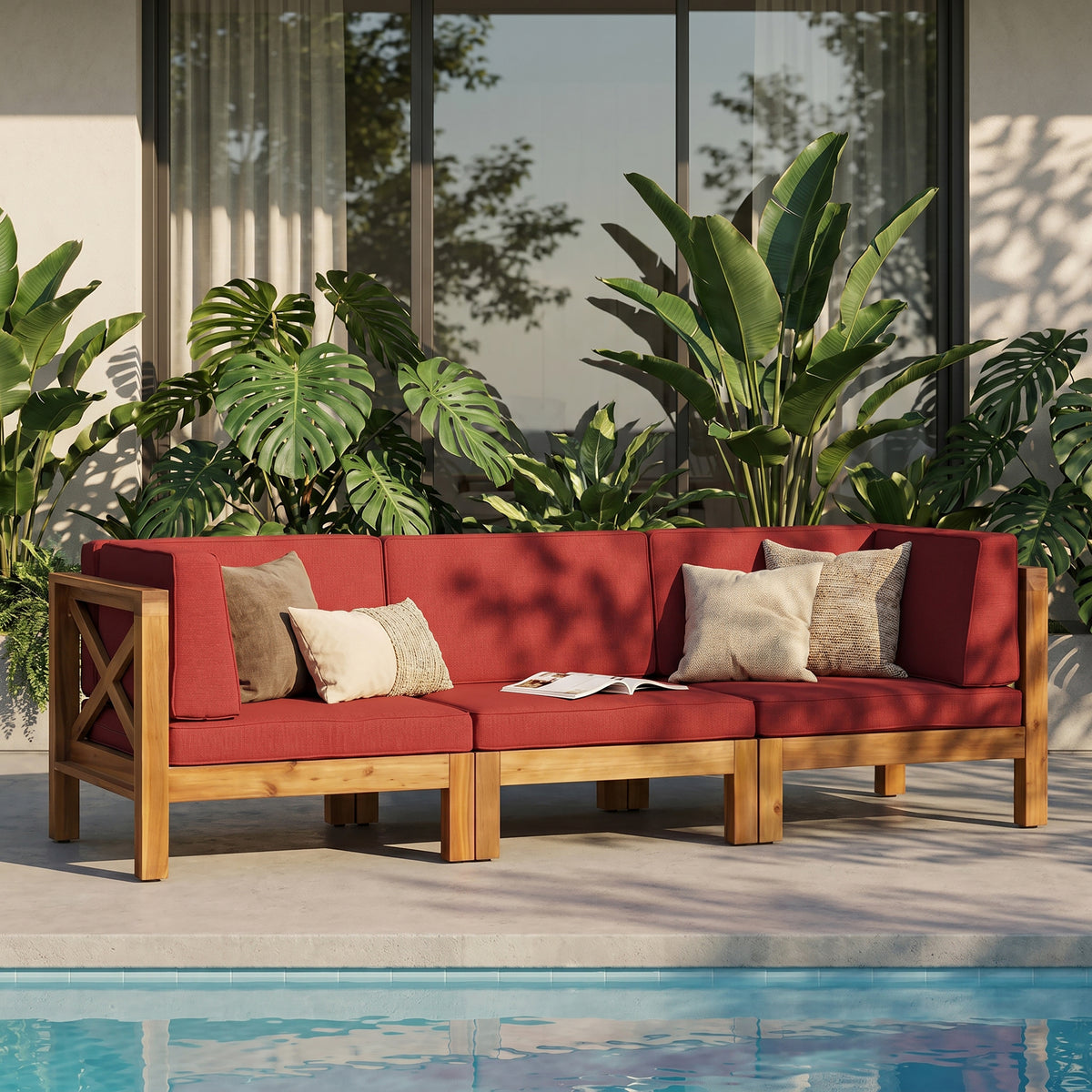 Solid Wood Outdoor Sectional Set for 3, Red Cushions