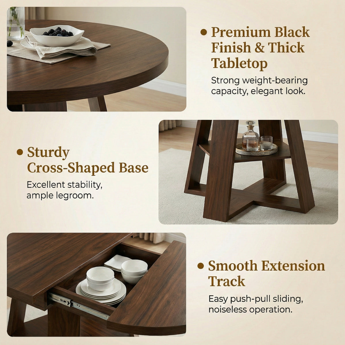 Feature graphic with close-ups of the thick tabletop, cross base and extension track