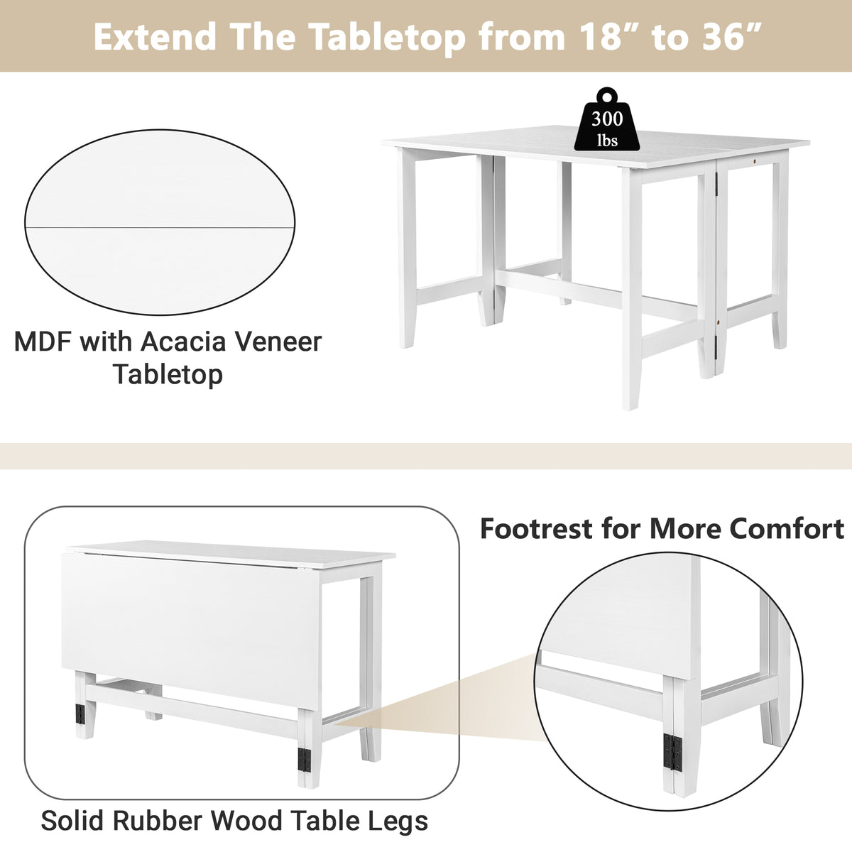 Feature graphic showing the table extending from 18 to 36 inches with MDF acacia veneer top and solid wood legs