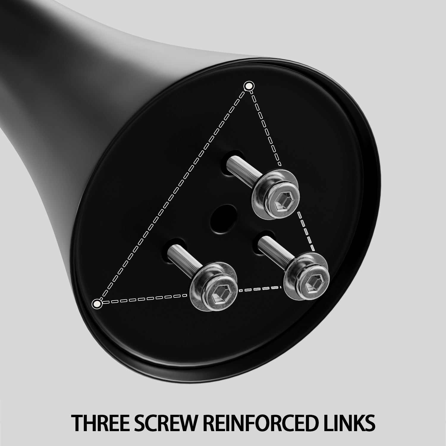 Close-up of the black tulip table base underside showing three screw-reinforced links