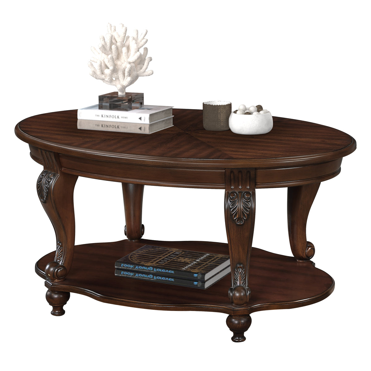 Cherry Carved Oval Coffee Table with Shelf, 42 in