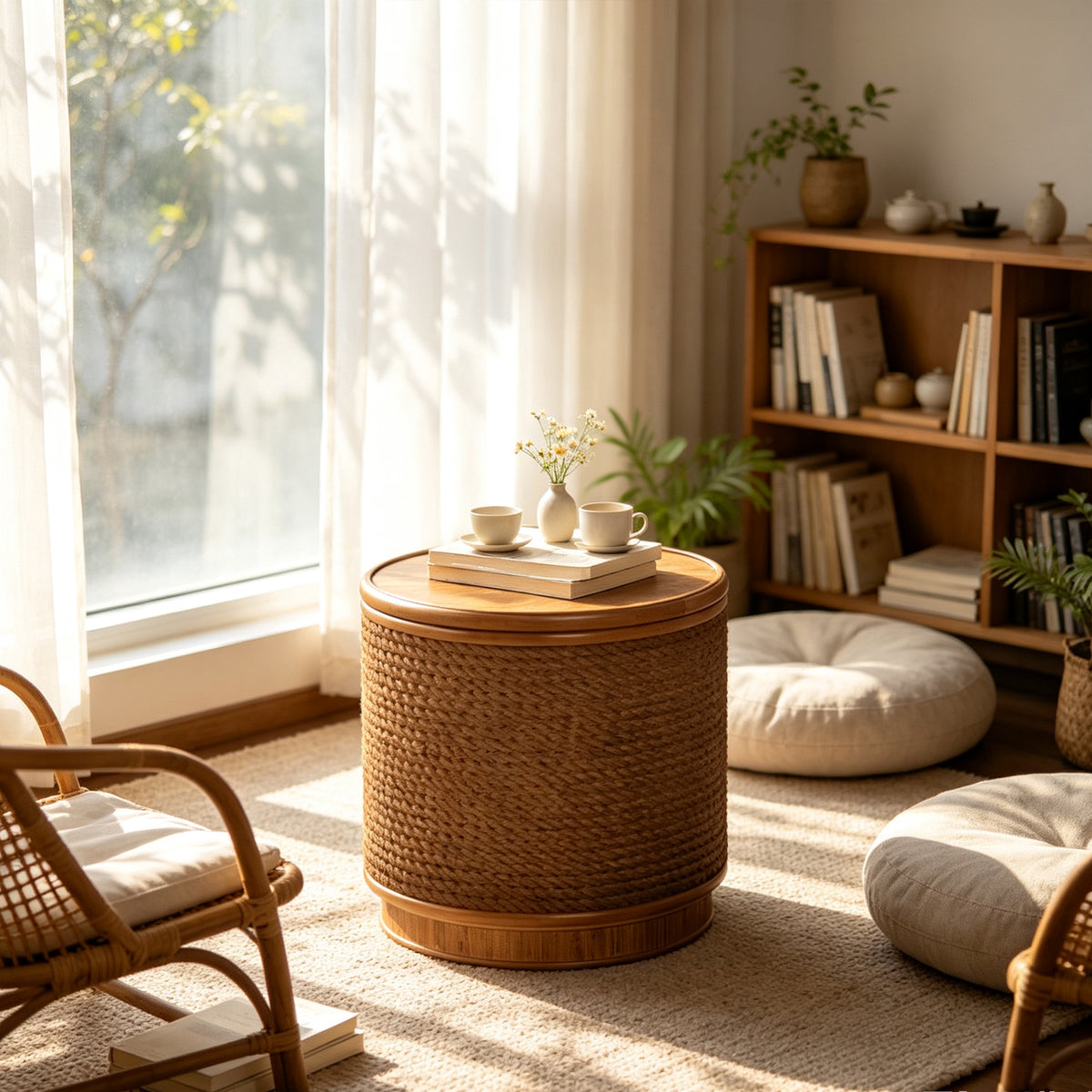 Natural Rope-Wrapped Drum Side Table with Storage, 15.9 in