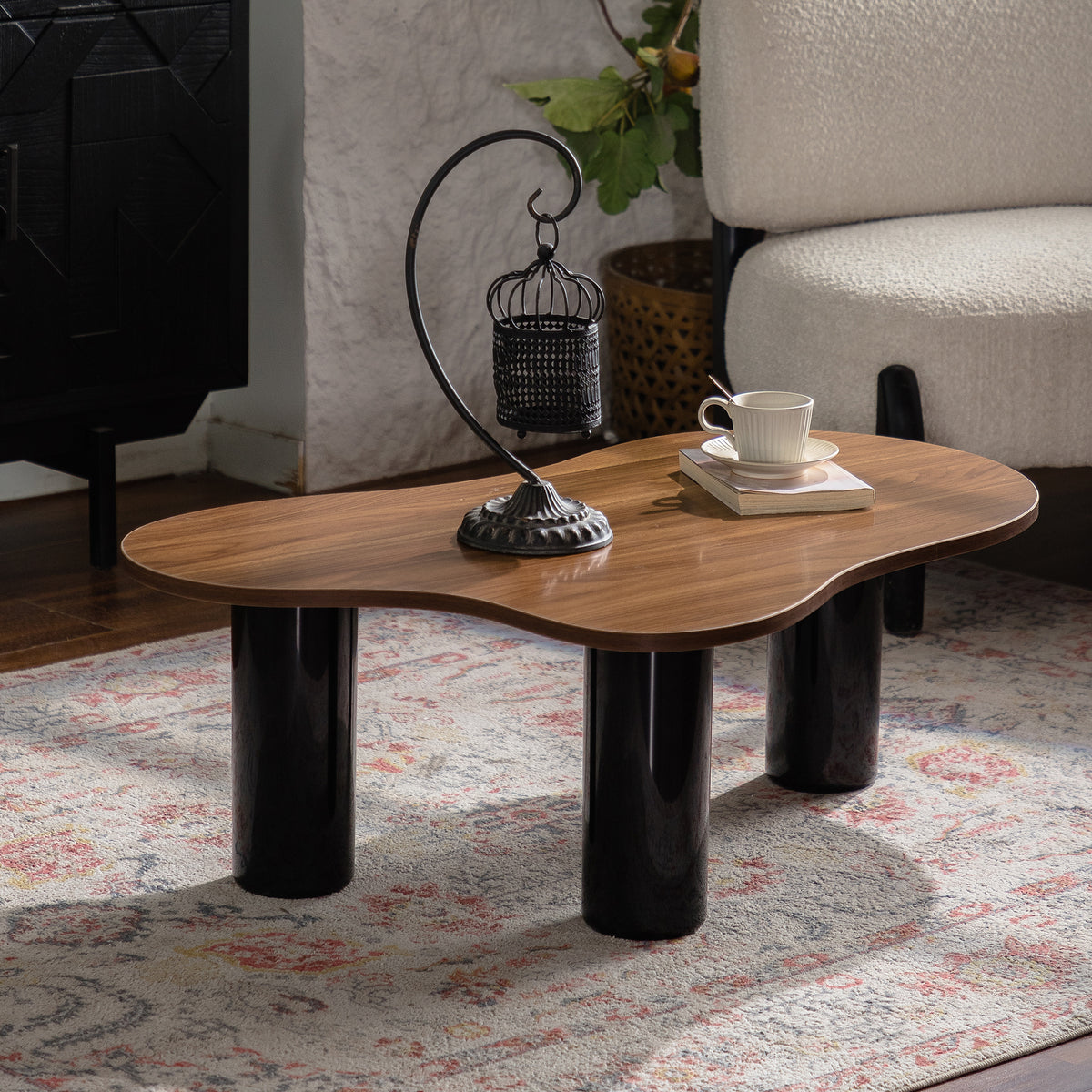 Walnut and Black Organic-Shaped Coffee Table, 39.4 in