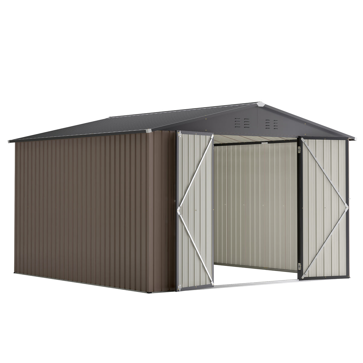 10x10 ft Brown Metal Storage Shed with Lockable Doors