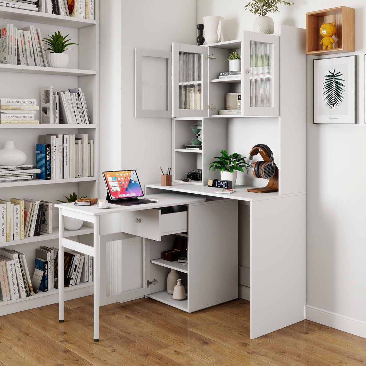 Computer Desk with Hutch, Glass Doors, 1 Drawer, White