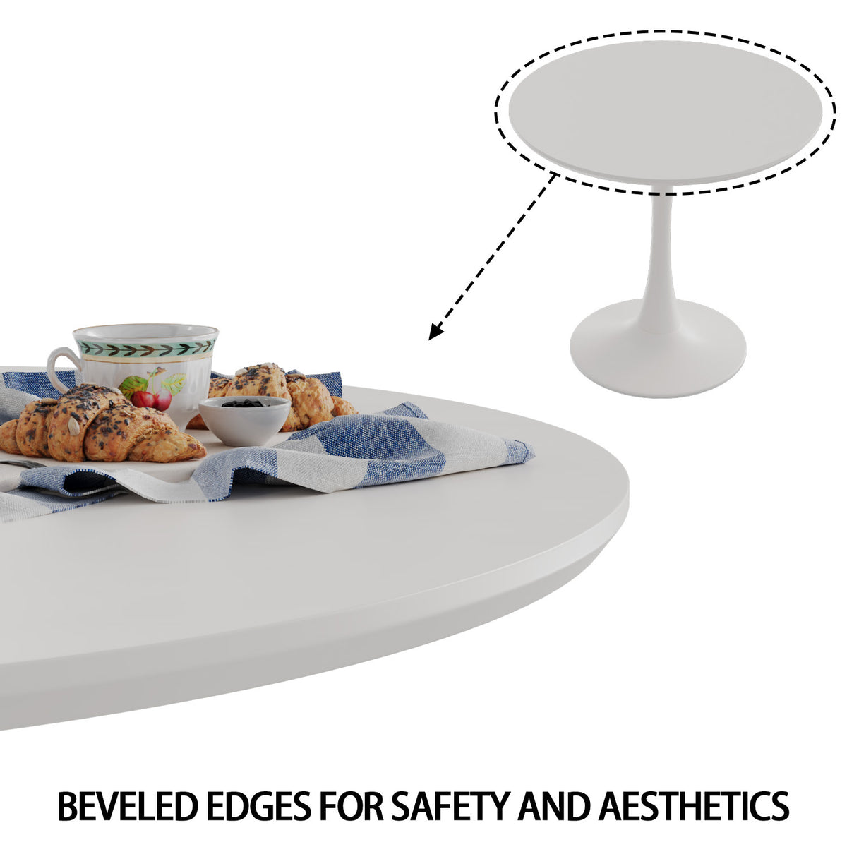 Feature graphic highlighting the beveled tabletop edge with an inset view of the white tulip table