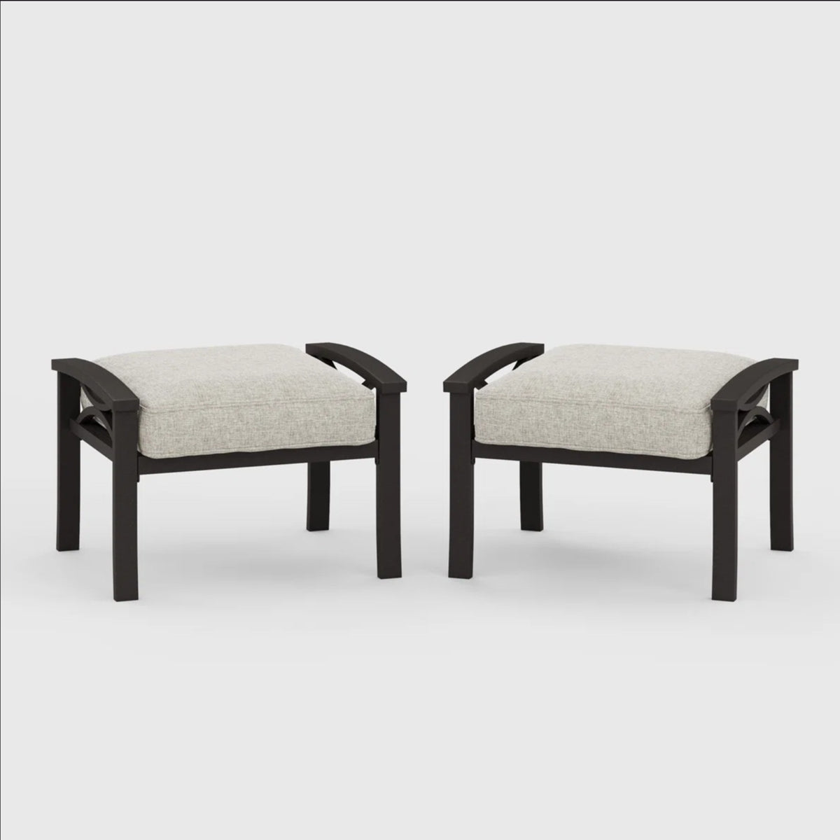 Dark Brown Metal Outdoor Ottoman with Beige Cushions, Set of 2