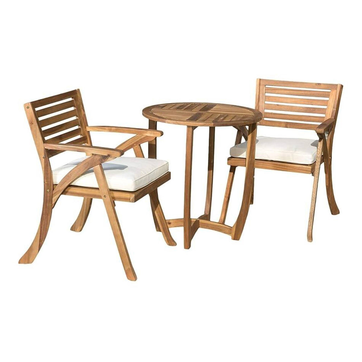 Teak Finish Solid Wood 3-Piece Patio Conversation Set for 2 with Cushions