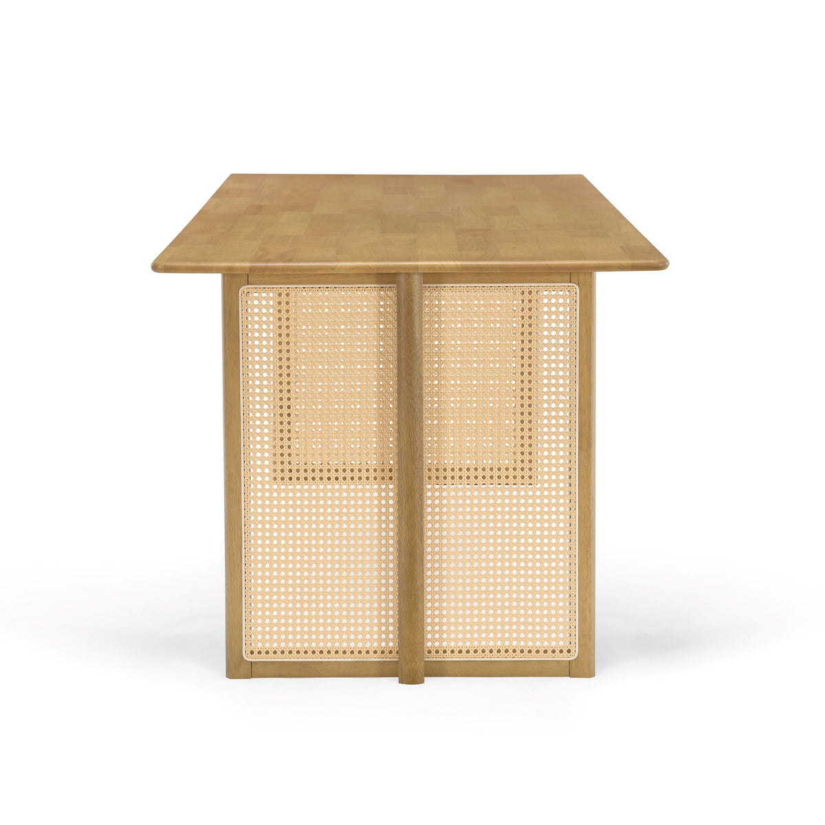Overhead view of the natural solid wood plank tabletop