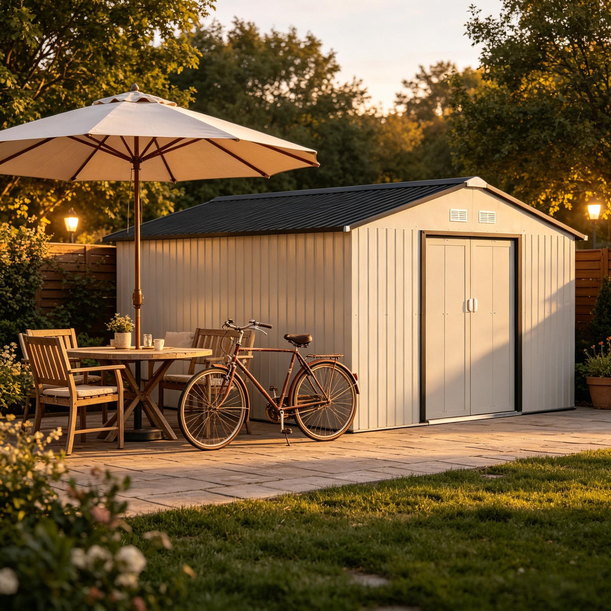 White Metal Storage Shed, 11.2x12.7 ft