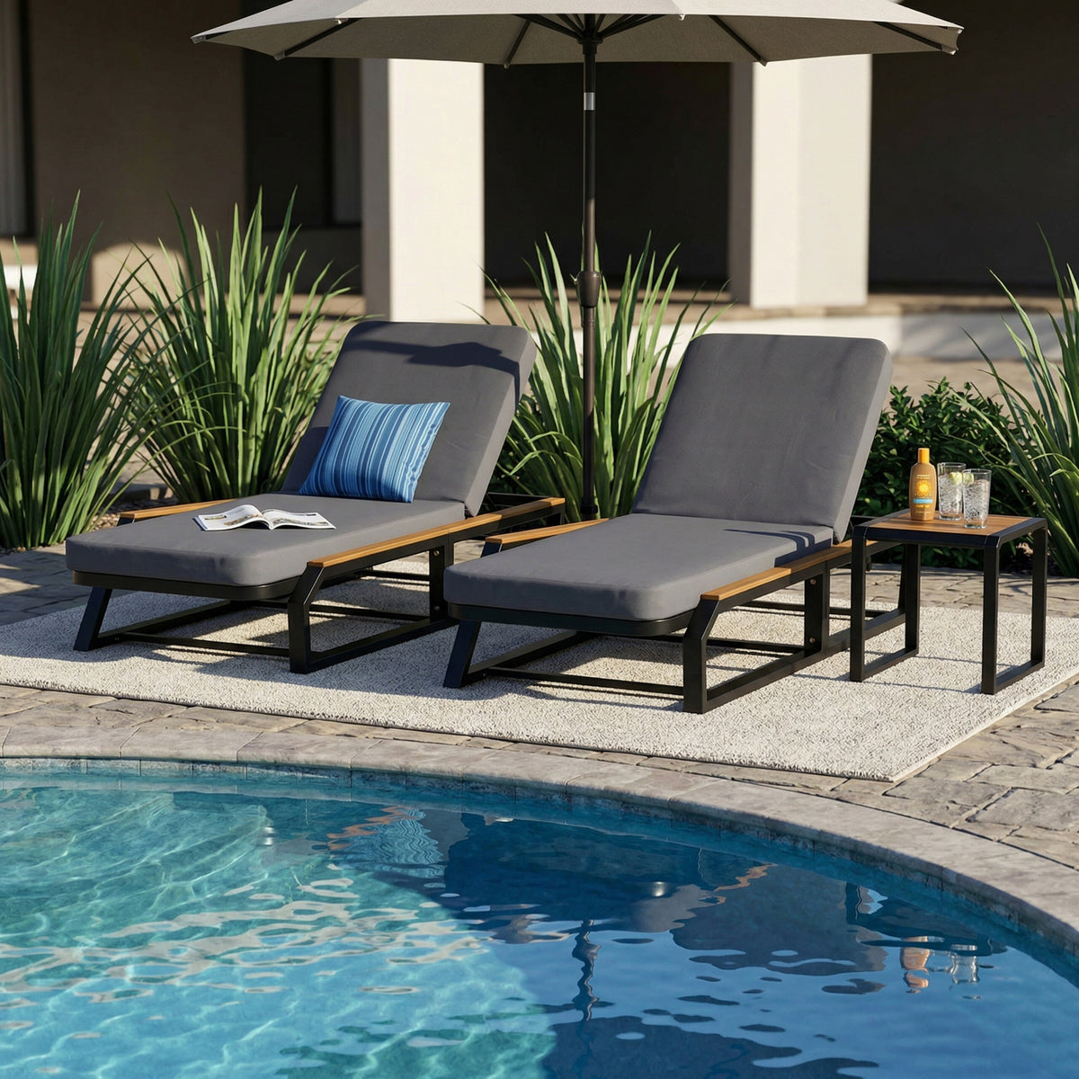 Black Metal 3-Piece Outdoor Chaise Lounge Set with Cushions