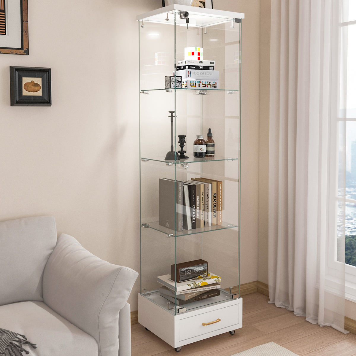 Modern Glass Bookcase, 1 Door, LED Lighting, 65.8 in Tall, White