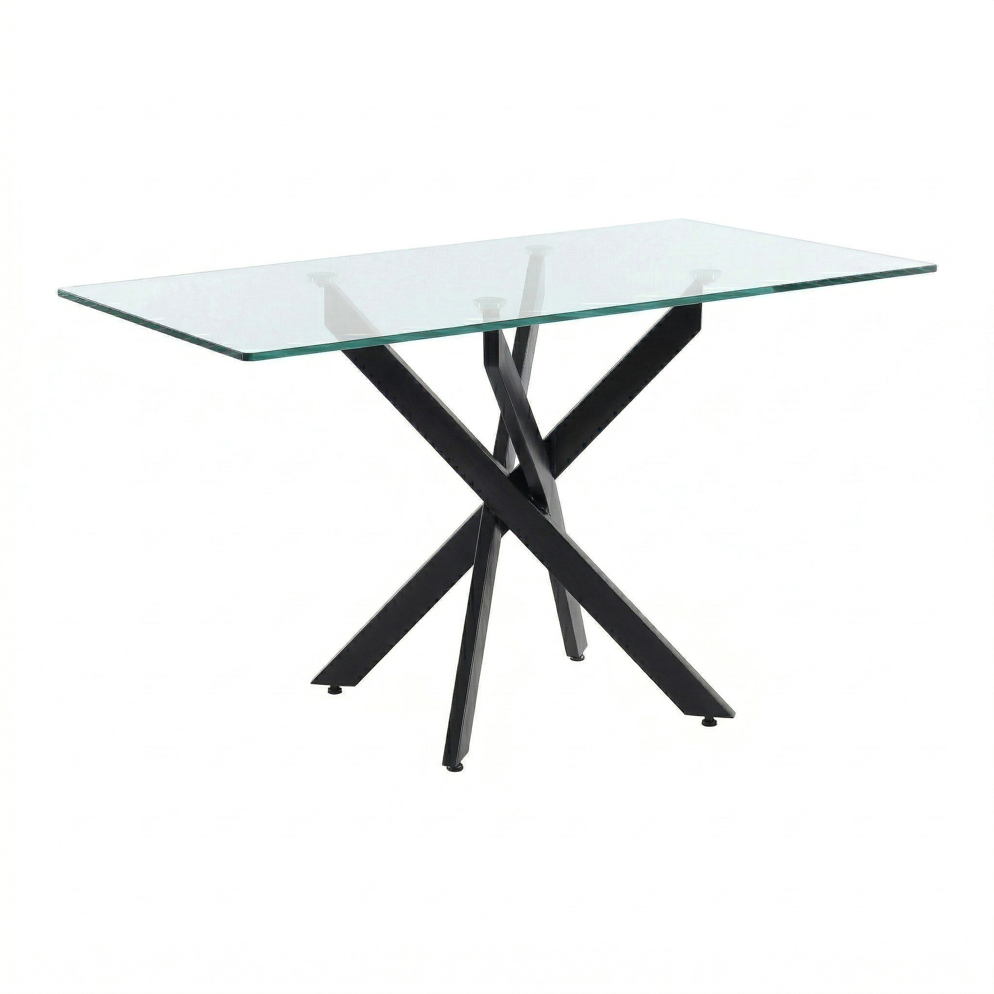 Three-quarter product view of the rectangular glass table with black crossed legs, white background