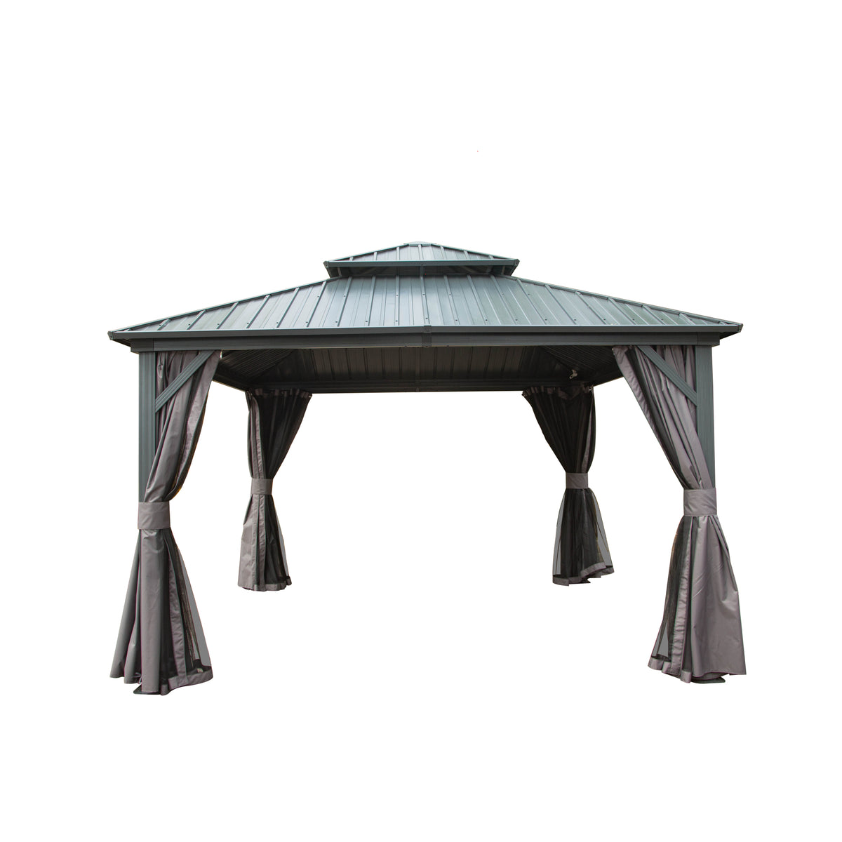 12x12 ft Gray Aluminum Double Roof Hardtop Gazebo with Netting and Curtains