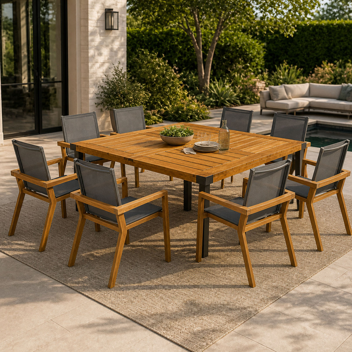 Teak Finish Solid Wood Patio Dining Set for 8