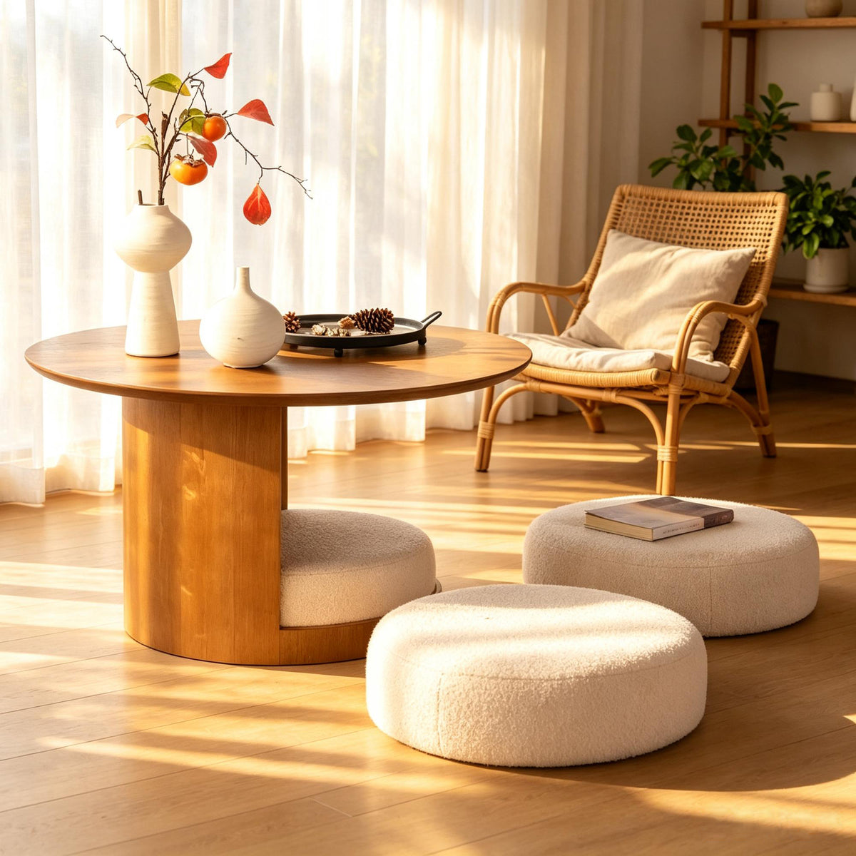 Walnut Round Pedestal Coffee Table with 3 Stools, 31.5 in