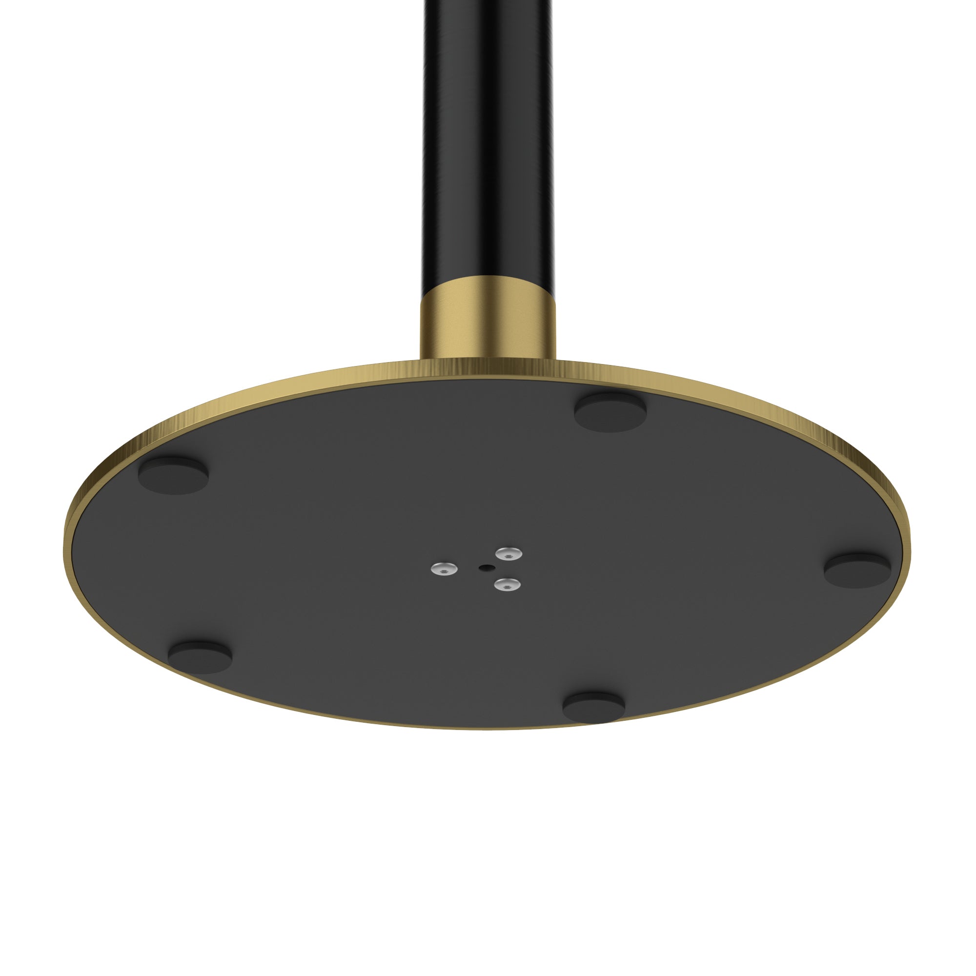 Overhead studio view of the round gold base plate underside with black pad and center mounting hardware