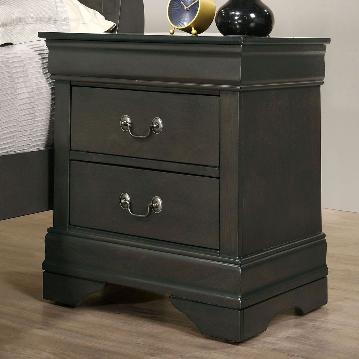 Gray Solid Wood Louis Philippe 2-Drawer Nightstand