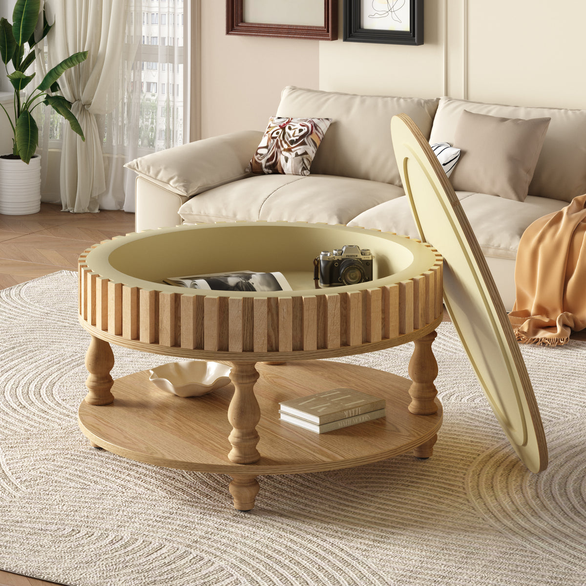 Natural Farmhouse Fluted Round Coffee Table with Storage, 31.5 in