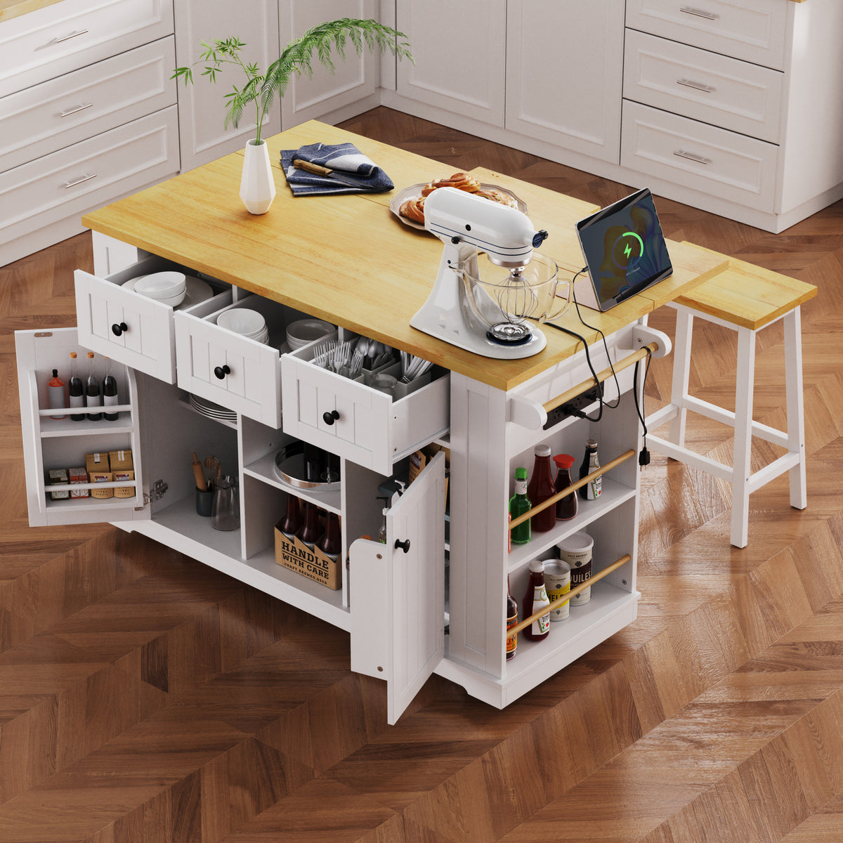 Farmhouse Kitchen Island, White 53" Rolling Cart with Drop Leaf