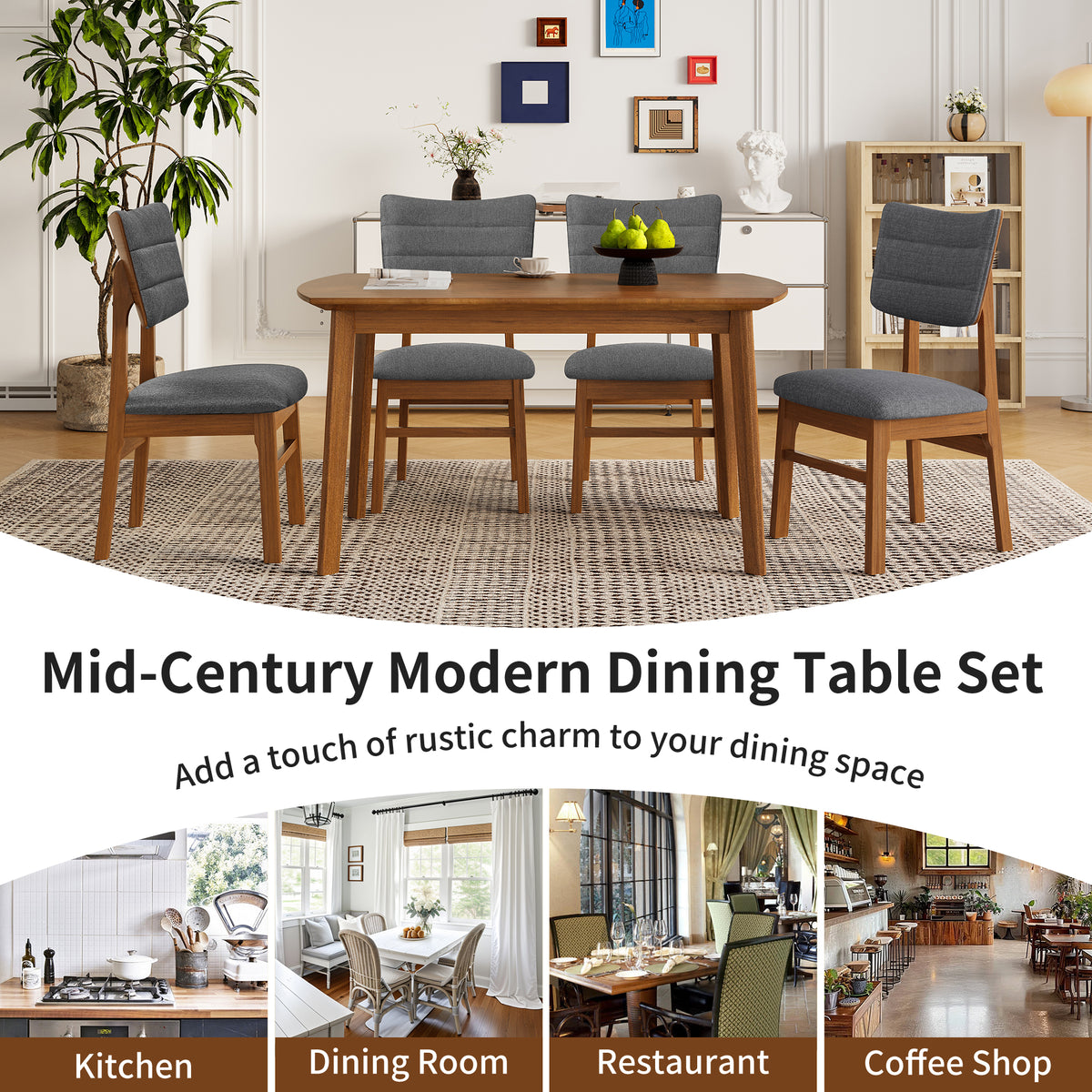 Feature graphic of the mid-century dining table set with gray chairs and kitchen, dining, restaurant and cafe uses
