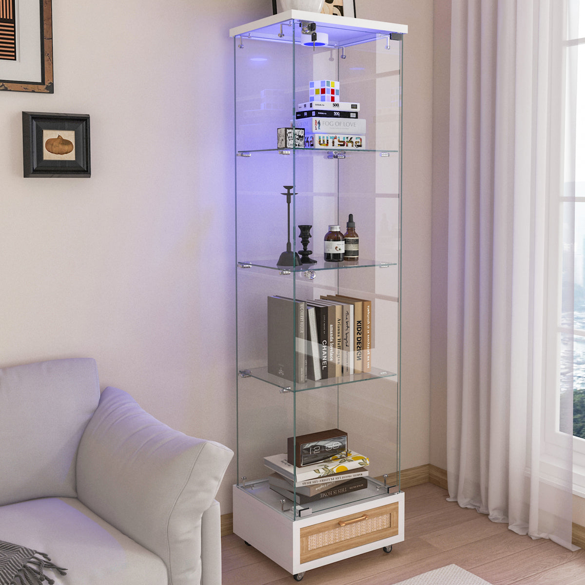 Modern Glass Bookcase, 1 Door, LED Lighting, 65.8 in Tall, Natural, 16.7 in Wide