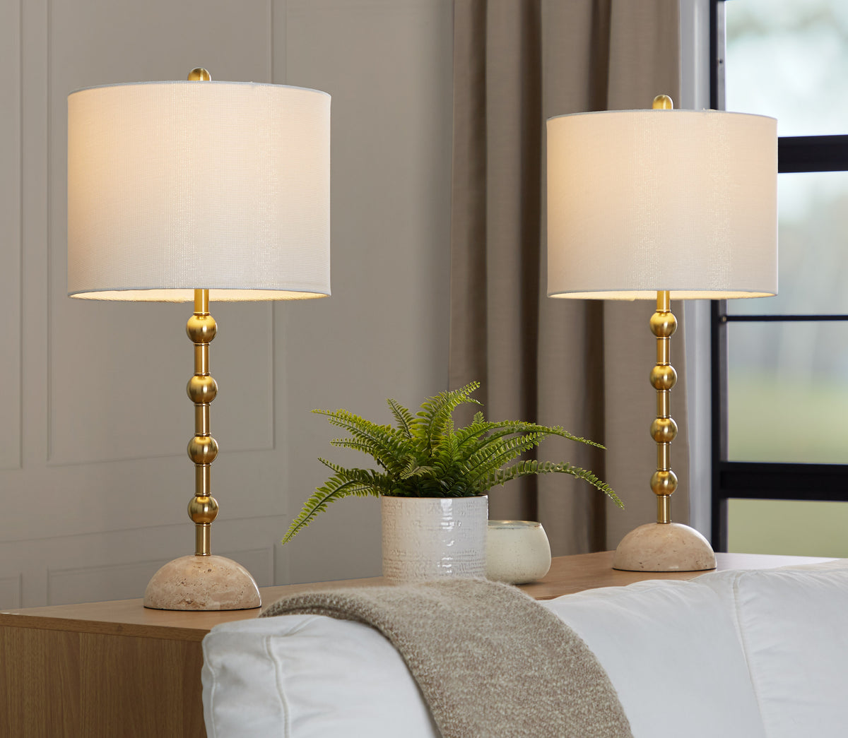 Gold and Off White Table Lamp, 27 in, Fabric and Metal