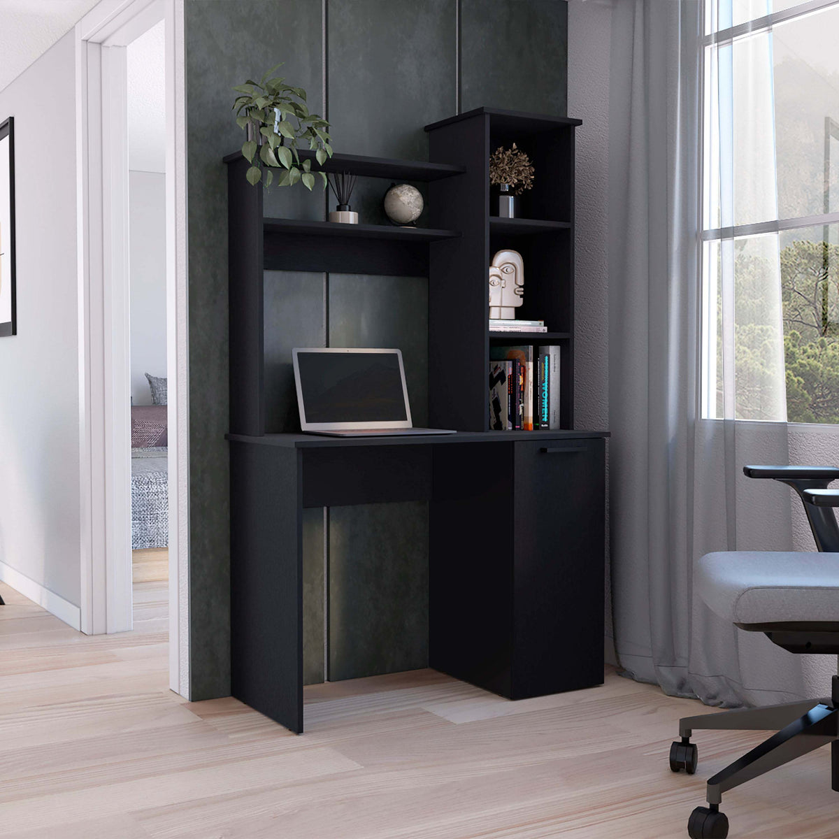 Computer Desk with Hutch, 3 Shelves, 38.7 in, Black