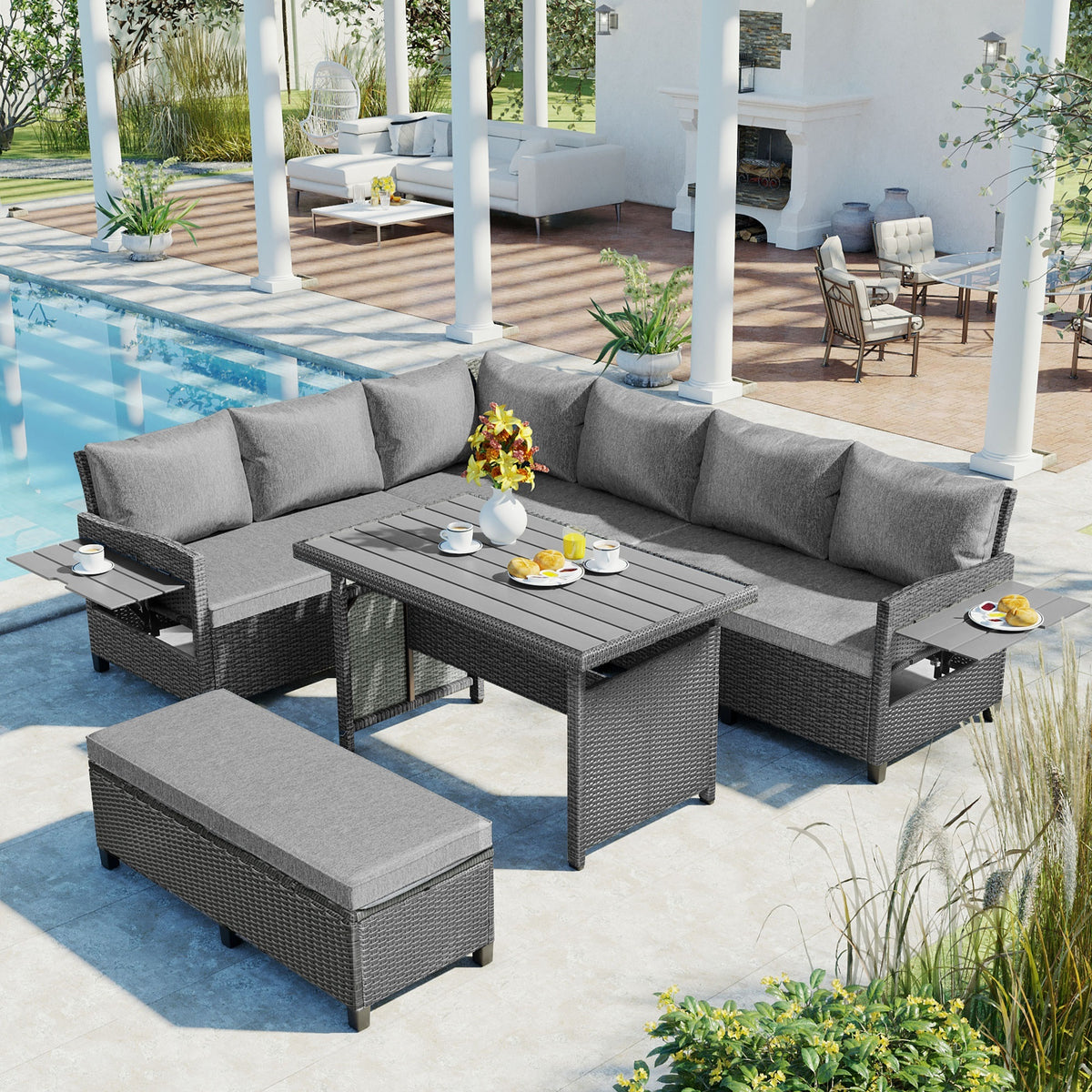 Gray Wicker Sectional 5-Piece Patio Sofa Set with Cushions