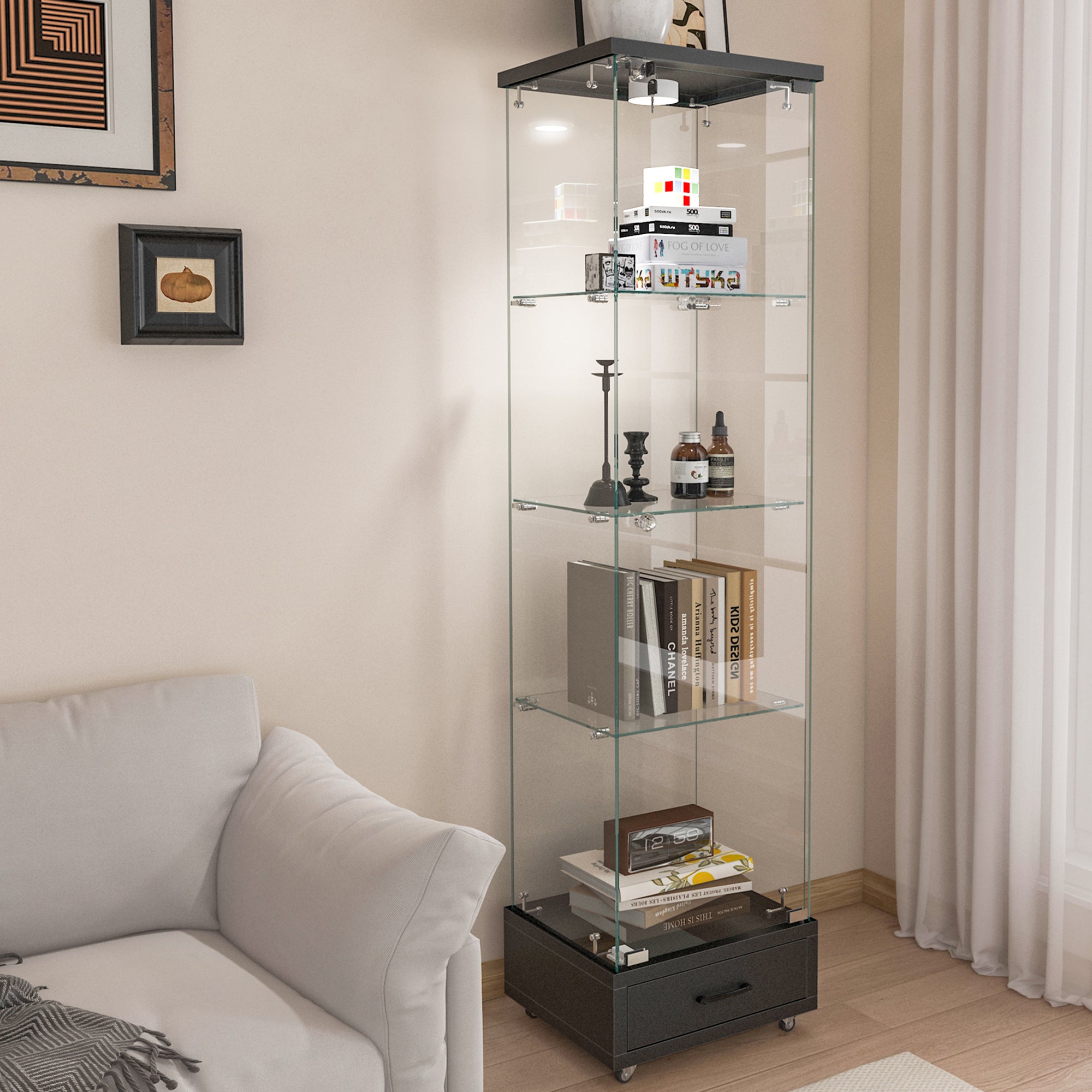 Modern Glass Bookcase, 1 Door, LED Lighting, 65.8 in Tall, Black
