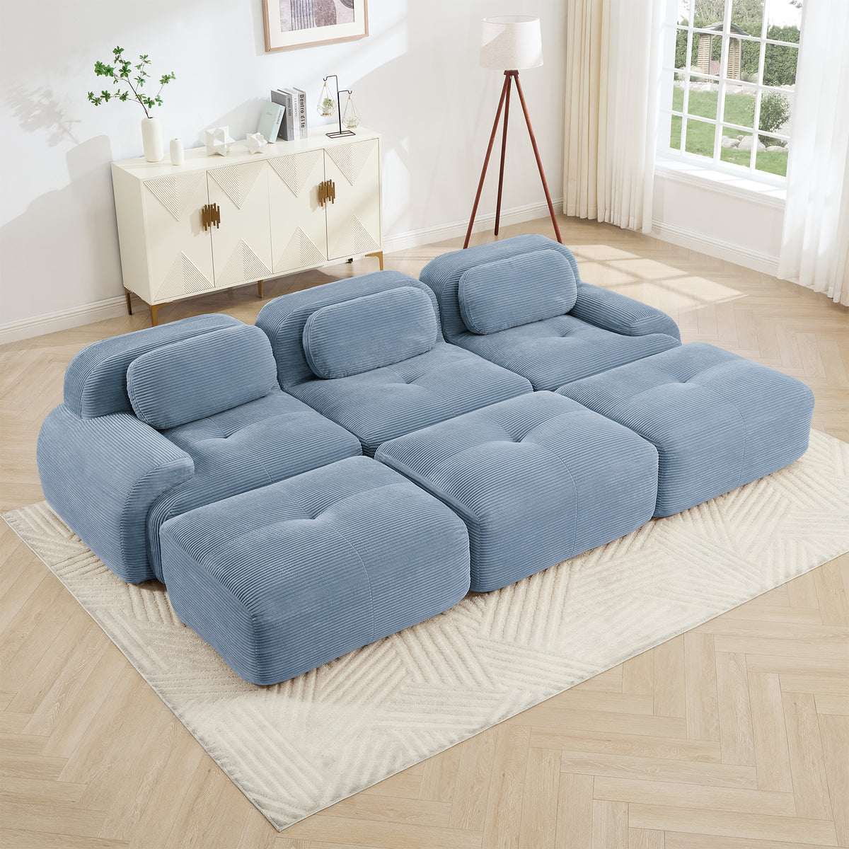 Blue Corduroy Modular 3-Seat Curved Sofa with 3 Ottomans