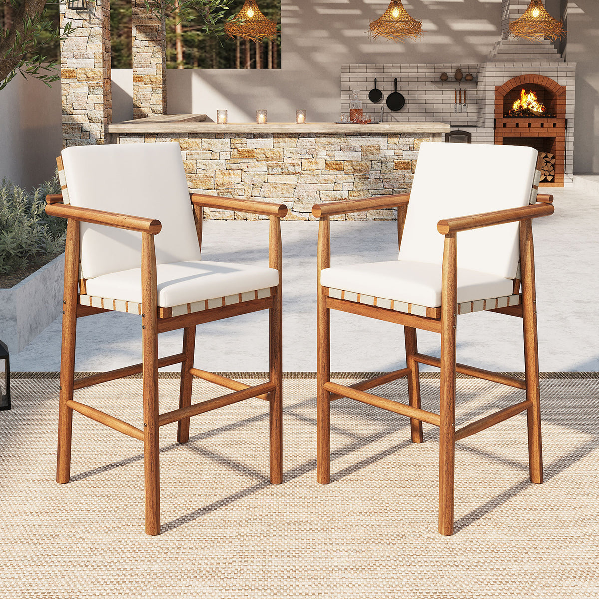 Natural Solid Wood Outdoor Counter Stool with Cushions, Set of 2