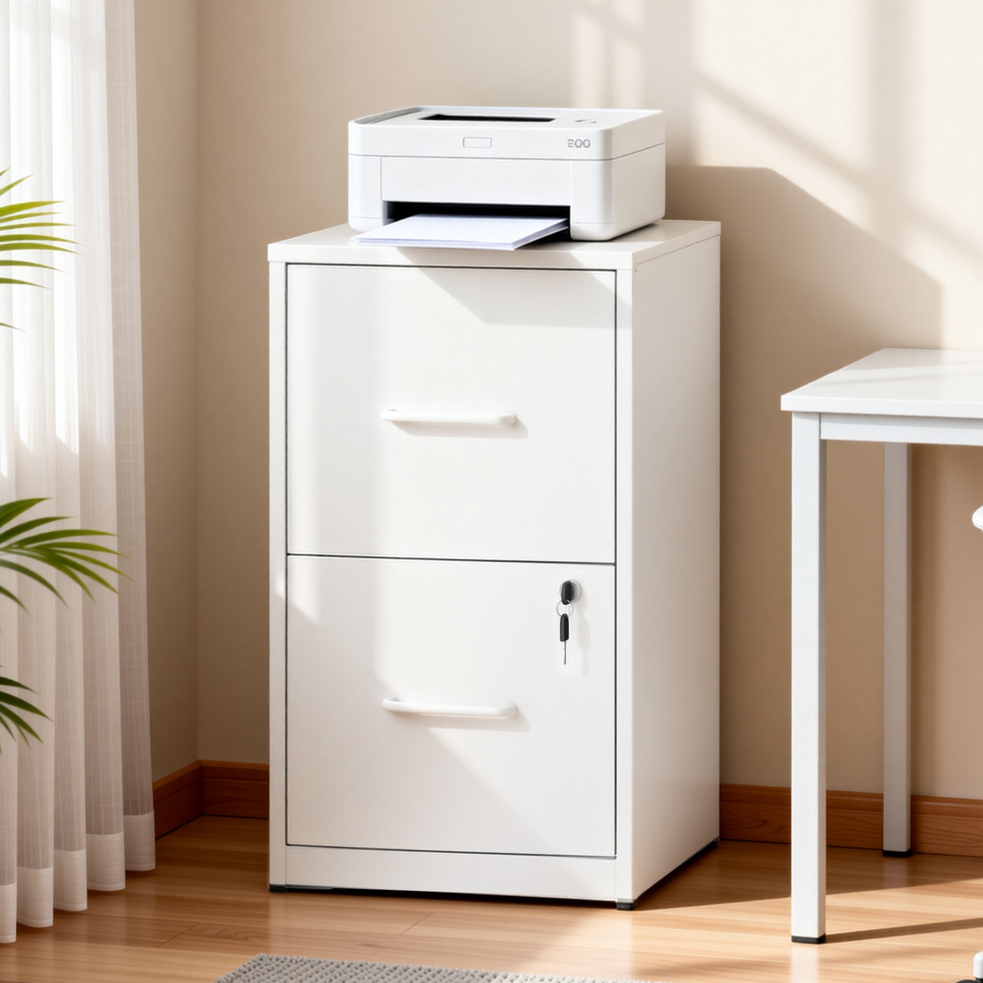 Metal File Cabinet, 2 Drawers, Locking, 25.6 in Tall, White, 17.7 in Wide