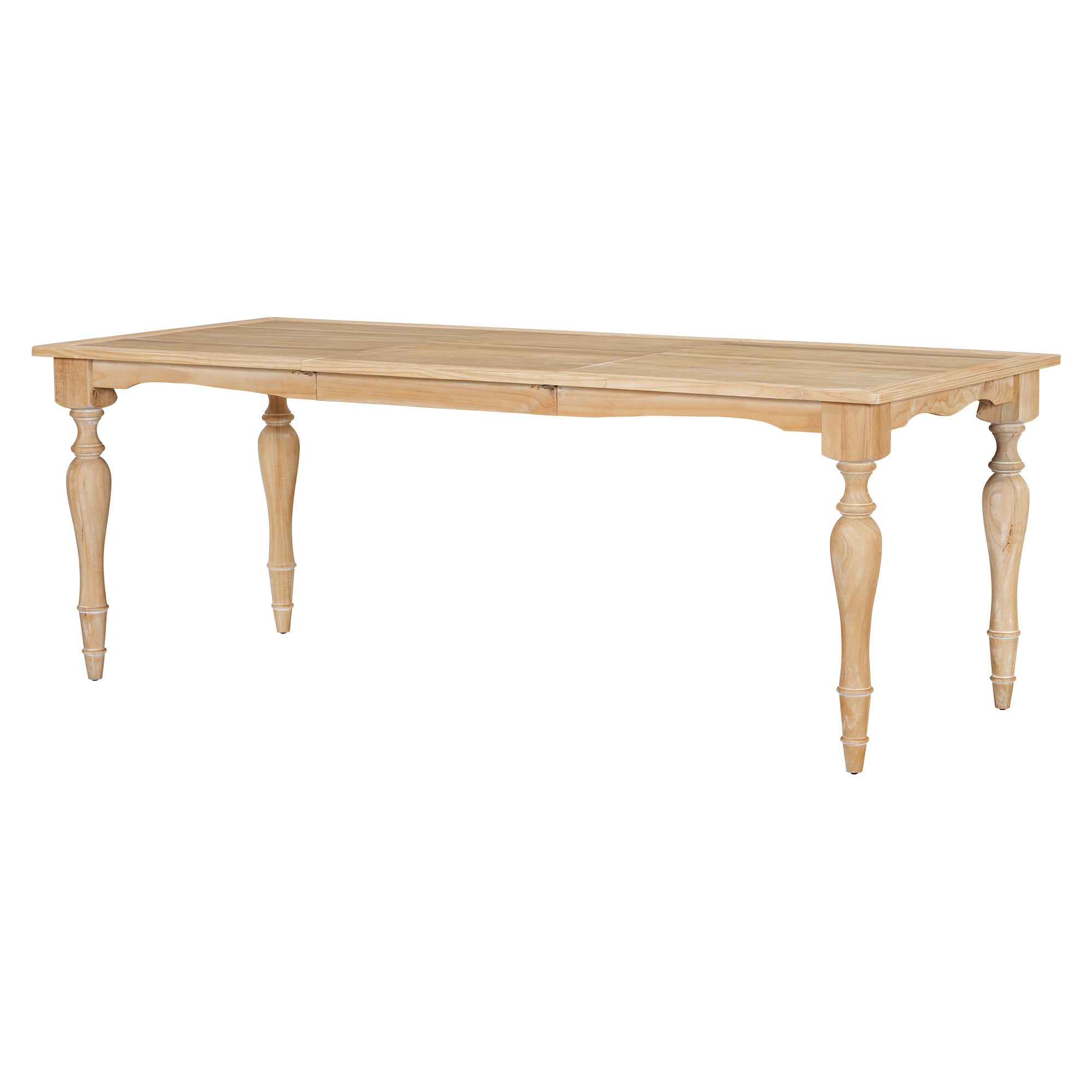 Three-quarter studio view of the natural solid wood dining table with turned legs, white background