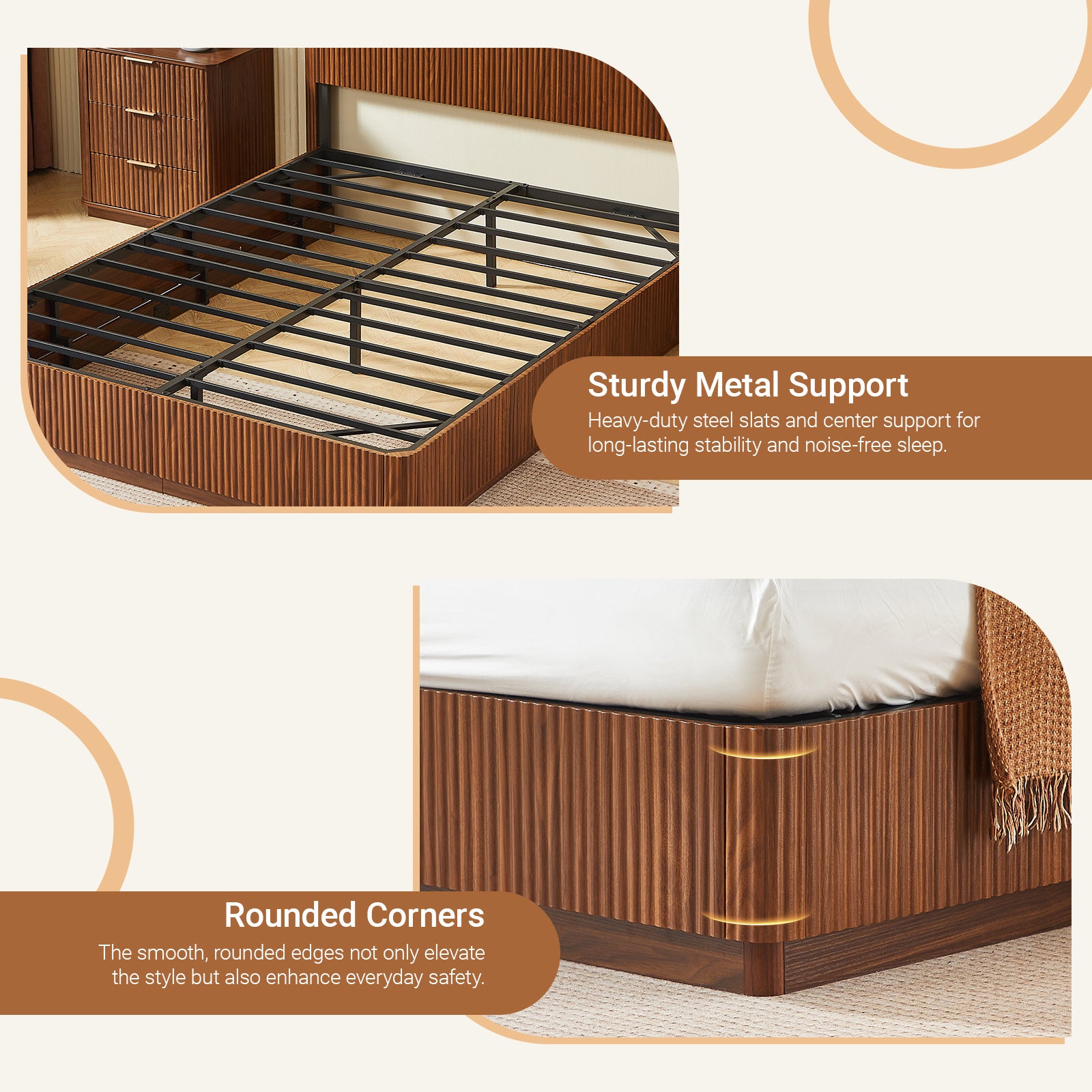 Detail of the black steel slat platform and rounded corners on the modern queen bed frame #Color_Walnut