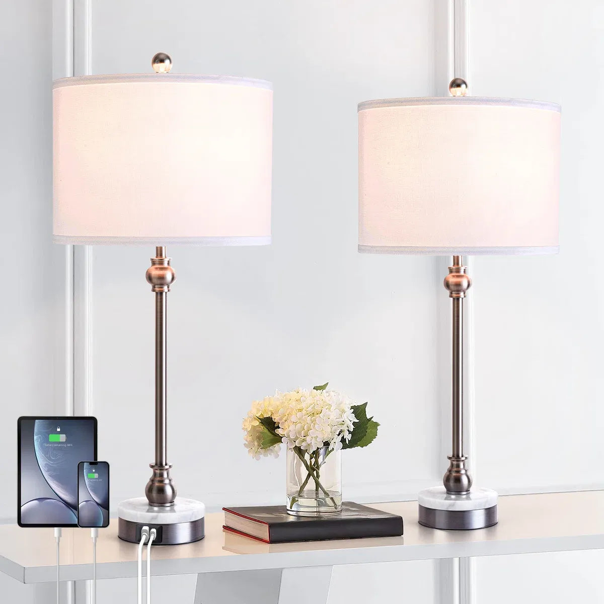 Nickel Globe Table Lamp, 28 in, Metal and Stone with Linen Shade